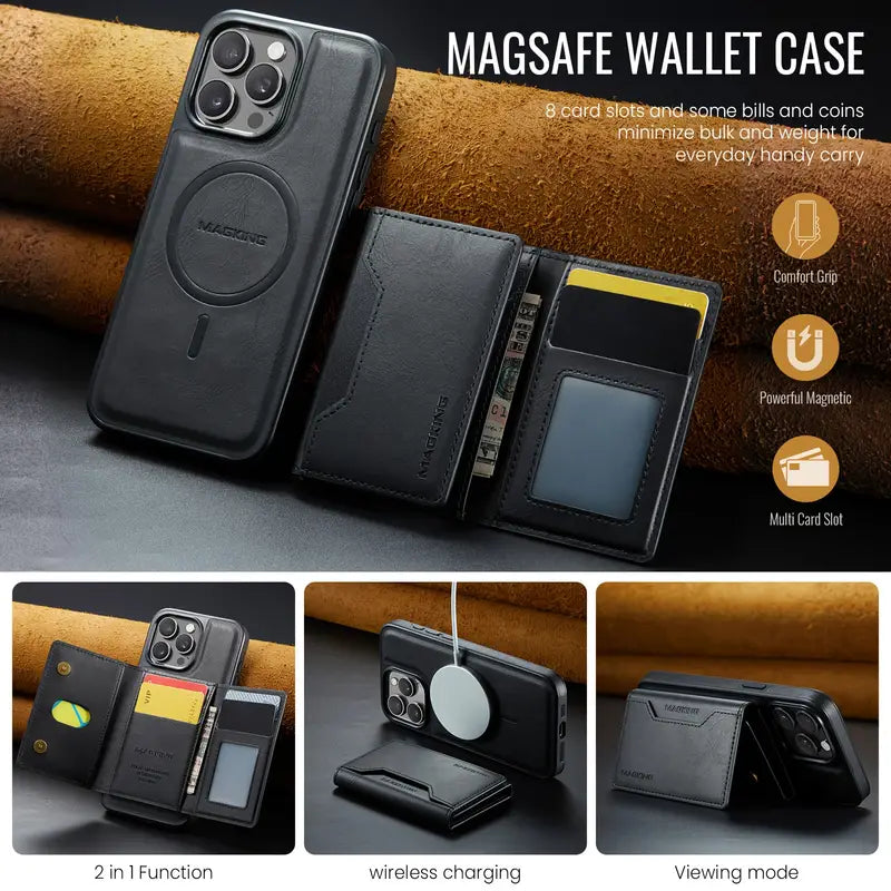 Detachable 2-in-1 Magnetic Wallet Case with RFID Blocking, Multi-Card Slots, Kickstand, Shockproof Protection, and Wireless Charging Compatible for all iPhone 12 to 16 pro max