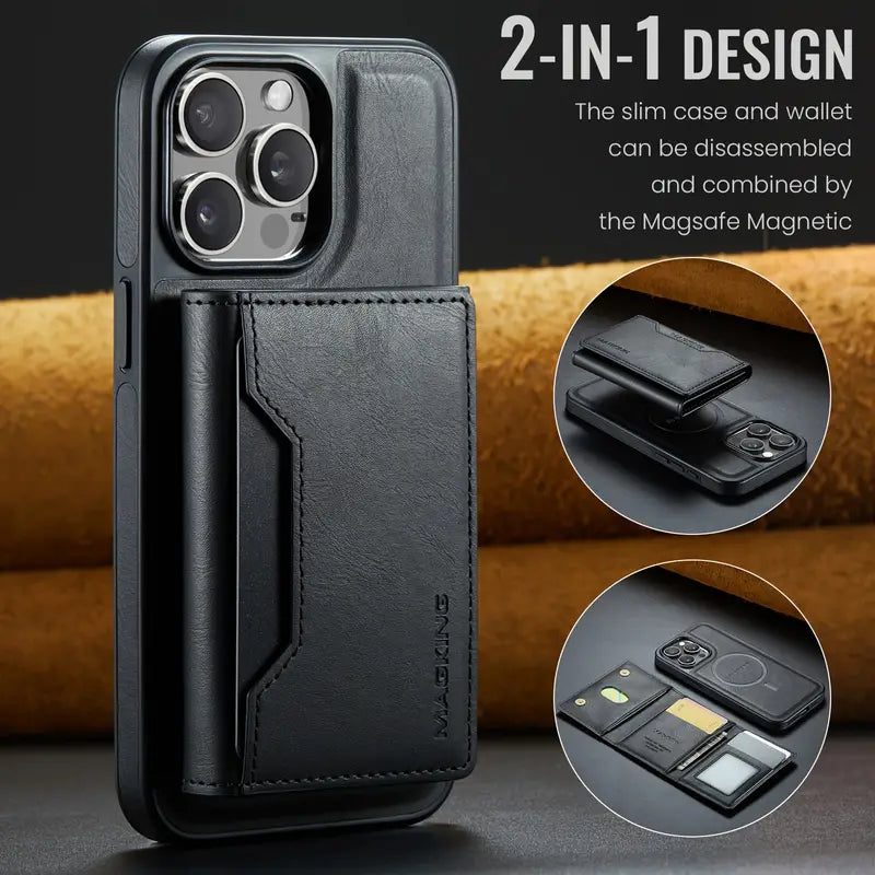 Detachable 2-in-1 Magnetic Wallet Case with RFID Blocking, Multi-Card Slots, Kickstand, Shockproof Protection, and Wireless Charging Compatible for all iPhone 12 to 16 pro max